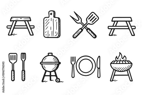 Barbecue, cooking linear icon set. Grilling, bbq, outdoor cooking icons collection