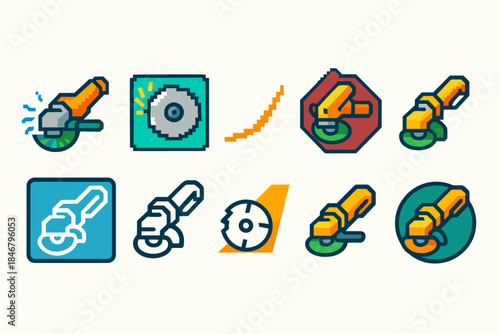 Power tool flat icon set. Electric tool, construction, circular saw flat icons collection