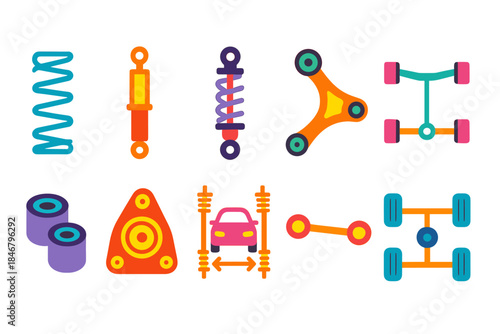 Automotive parts flat icon set. Car components, vehicle maintenance icons collection