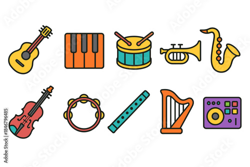Music instrument flat icon set. Guitar, violin, and more colorful musical icons collection
