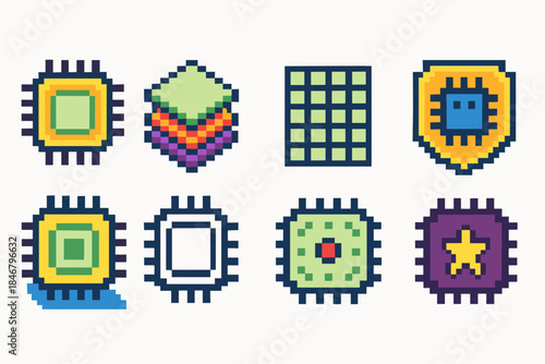 Pixel art technology icon set. Computer and chip icons in vibrant pixel style