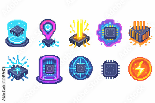 Technology and electronics pixel icon set. Futuristic, circuit board pixel art icons.