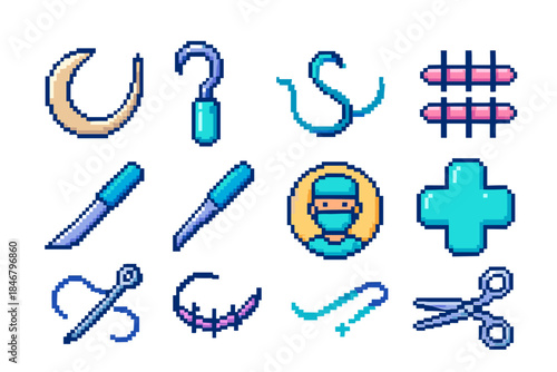 Medical tools icon set. Surgery, equipment, healthcare icons in flat style