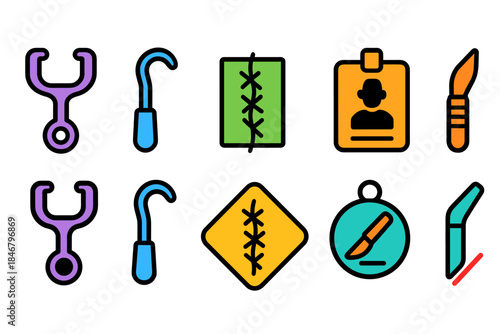 Medical instruments flat icon set. Surgery, healthcare, tools, icons collection