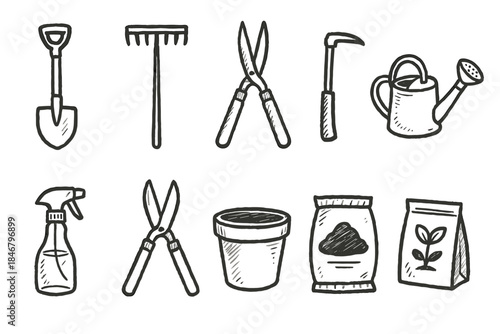 Gardening tools outline icon set. Hand-drawn, sketch gardening tool collection.