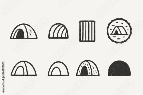 Camping and outdoor adventures icon set in sketch style for simple designs