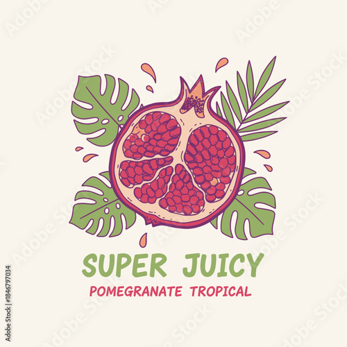 Fresh pomegranate fruit print. Pomegranate fruit artwork. Summer food poster design. Nature watercolor design. Hand sketch artwork. Fresh food artwork for for t shirt.