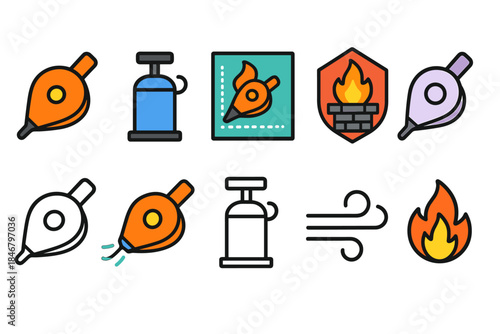 Blacksmith, forging flat icon set. Tools, fire, forge, bellows flat icons collection