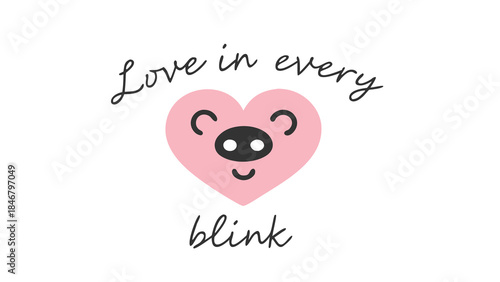 Chibi bear face centered on soft pink heart with love text