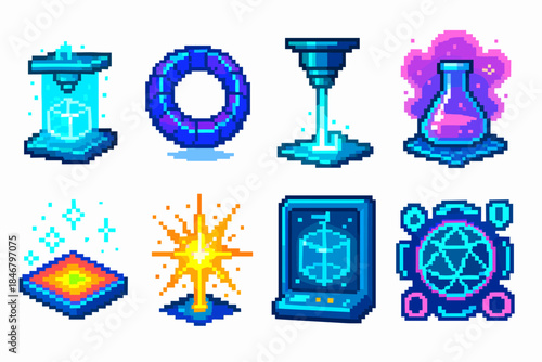 Futuristic, science pixel icon set. Technology, innovation icons in pixel art style