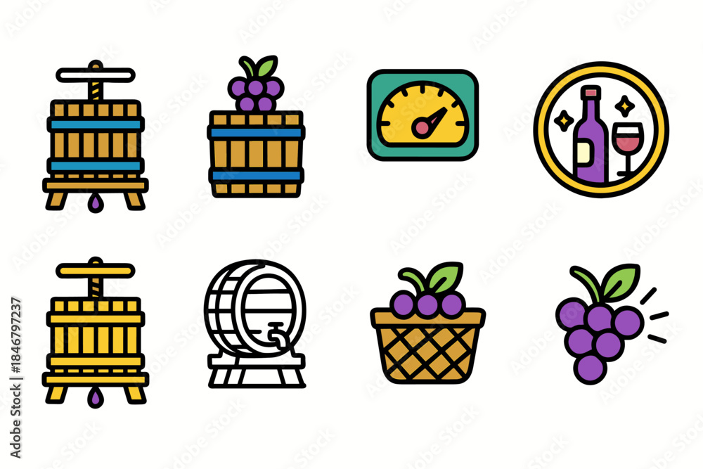 Obraz premium Wine making filled icon set: vineyard, grapes, barrel, and winery collection