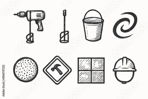 Construction tools and safety doodle icon set. Hand-drawn sketch building elements