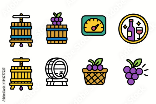 Wine making filled icon set: vineyard, grapes, barrel, and winery collection