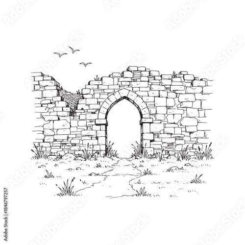 Hand drawn ink sketch of ancient stone castle ruins with an archway and crumbling walls, isolated architectural illustration on white paper texture background.
