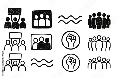 Protests and social movements icon set. Hand-drawn line style collection.