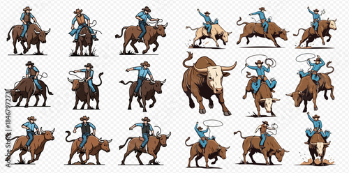 Collection of illustrations featuring cowboys riding bulls and roping, depicting rodeo events and western culture.