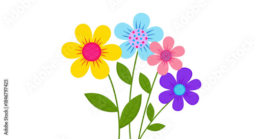 Cheerful Bouquet of Five Colorful Cartoon Flowers for Spring Greeting Cards Design