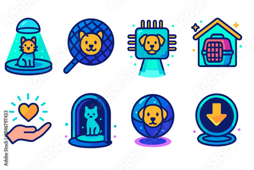 Pet care flat icon set includes adoption, grooming, and training symbols