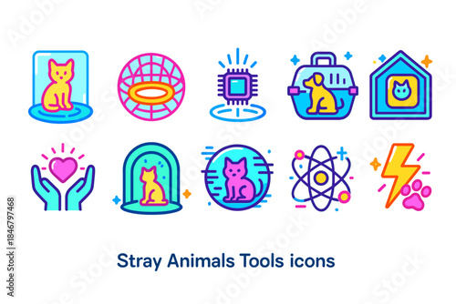 Stray animals tools icon set. Adoption, rescue, pet care icons in flat style