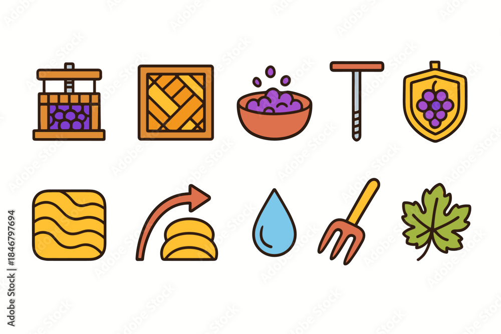 Obraz premium Wine making flat icon set. Vineyard, grapes, wine production icons flat collection