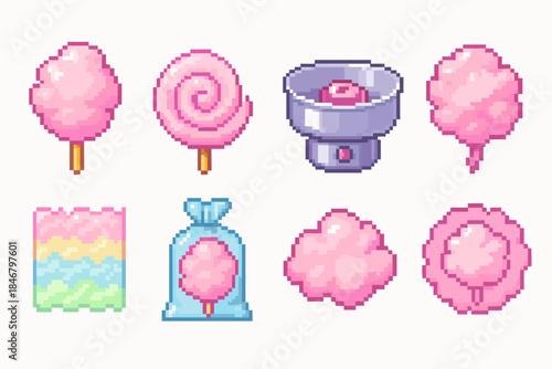 Cotton candy pixel icon set. Sweet treats in a fun, colorful pixel art style collection