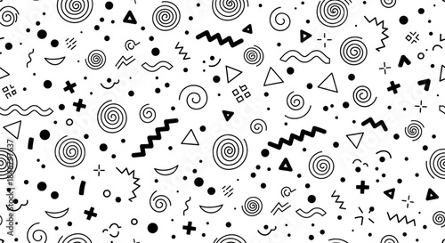 Playful Abstract Geometric Seamless Pattern Black and White Memphis Style Background for Digital Design