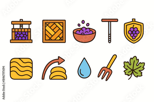 Wine making flat icon set. Vineyard, grapes, wine production icons flat collection