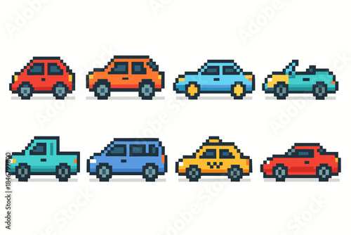Transportation vehicles icon set. Pixel art, flat car icons collection