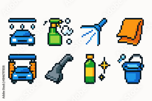Car cleaning flat icon set. Auto care, detailing tools pixel art collection