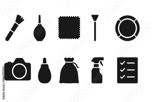 Photography equipment silhouette icon set. Camera, cleaning tools, lens icons silhouette.