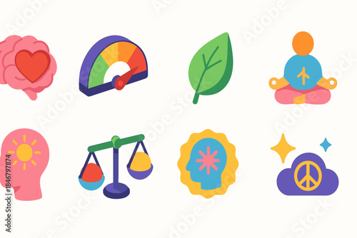 Mental health, wellness 3d icon set. Mindfulness, balance, serenity icons collection