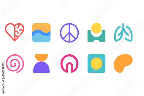 Health and wellness flat icon set. Fitness, nutrition, meditation flat icons collection.