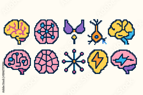 Brain and neuroscience pixel icon set. Retro, digital health icons in pixel art style