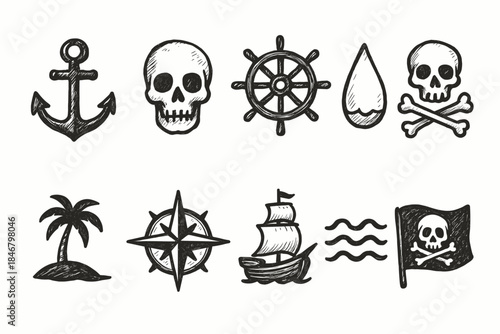 Pirate theme outline icon set. Nautical, adventure symbols in hand-drawn style.