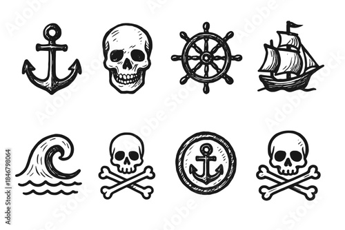 Nautical and pirate outline icon set. Anchors, skulls, ships, waves collection