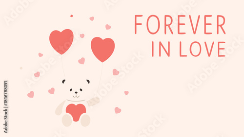 A sweet teddy bear with glowing heart balloons floats in soft pink background with hearts