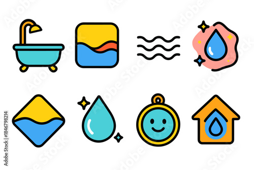 Water and cleaning flat icon set. Bath, waves, hygiene icons flat collection