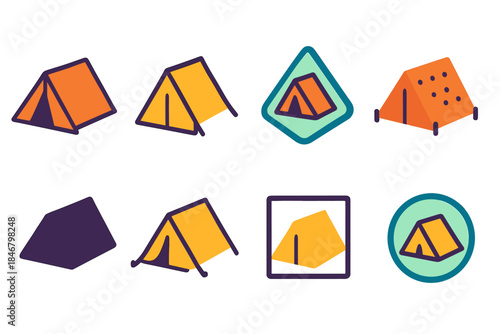 Camping, outdoor, travel icon set. Tent, hiking, adventure flat icon collection.