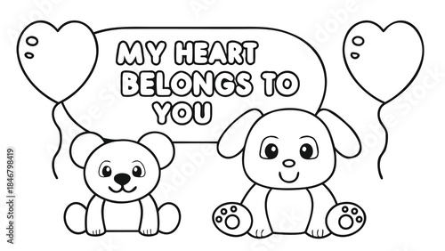 A cute teddy bear and dog sit side by side with heart balloons and a love message