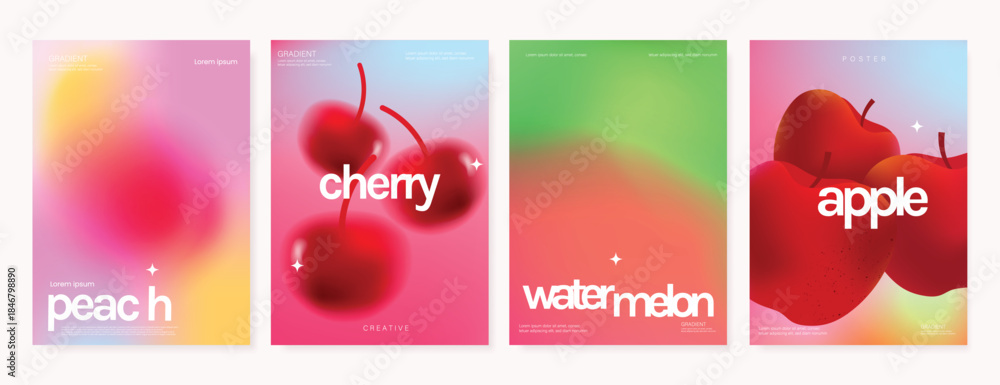 Fototapeta premium Abstract colorful gradient fruit card background set. Minimalist poster with lemon. Modern summer and spring wallpaper design for drink menu, promotion, beverages, ads.