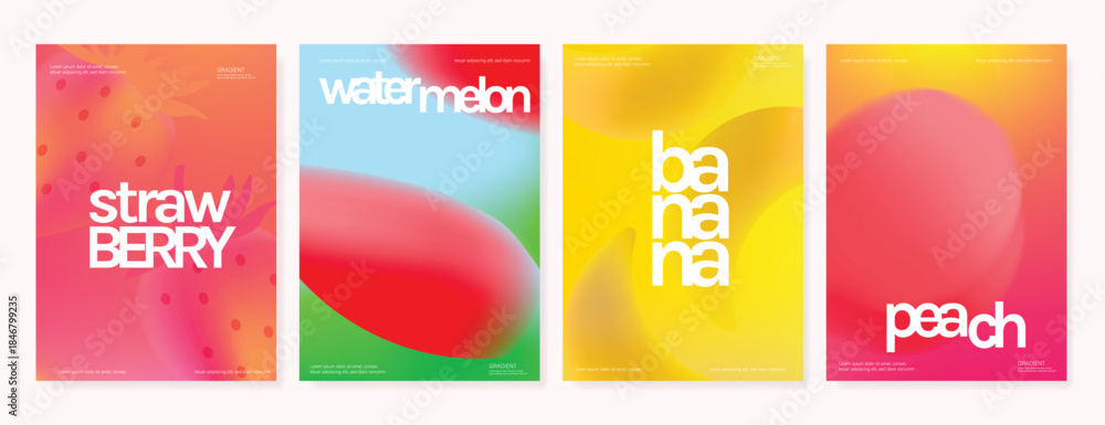 Obraz premium Abstract colorful gradient fruit card background set. Minimalist poster with lemon. Modern summer and spring wallpaper design for drink menu, promotion, beverages, ads.