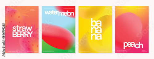 Abstract colorful gradient fruit card background set. Minimalist poster with lemon. Modern summer and spring wallpaper design for drink menu, promotion, beverages, ads.