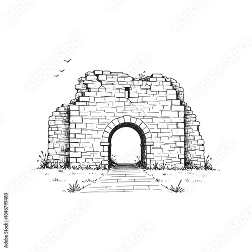Hand drawn ink sketch of ancient stone castle ruins with an archway and crumbling walls, isolated architectural illustration on white paper texture background.
