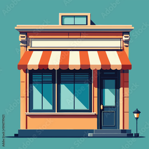 Flat Icon Style Storefront with Striped Awning and Window Display
