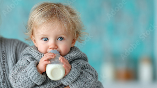 Baby drinking milk from a b...