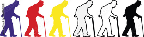 Elderly Man Walking with Cane Silhouette in Various Colors