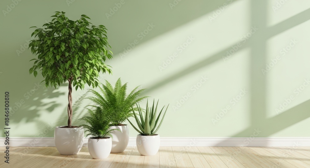Fototapeta premium A collection of potted houseplants casting shadows against a mint green wall, bathed in sunlight