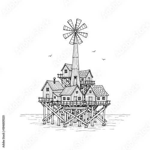 Hand drawn ink sketch of a rustic wooden windmill and houses built on stilts over water, isolated architectural illustration on textured background.
