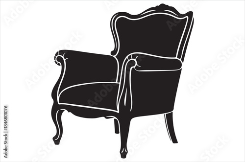 Elegant black and white silhouette of a vintage ornate armchair