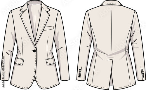 PrintVector technical illustration front back view professional classic tailored single-button women's formal blazer jacket, office business suit coat, fashion flat sketch template, light beige color